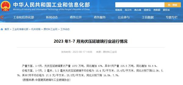 工信部：1-7月光伏压延玻璃累计产量1372万吨，同比增加67%